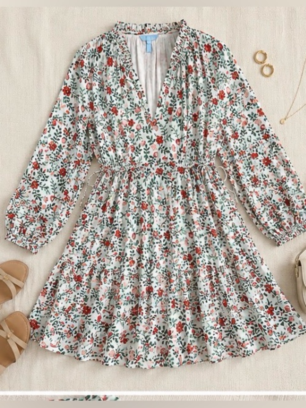 Draper James strawberry print Floral Long Sleeve Smocked Waist Dress Red Green L